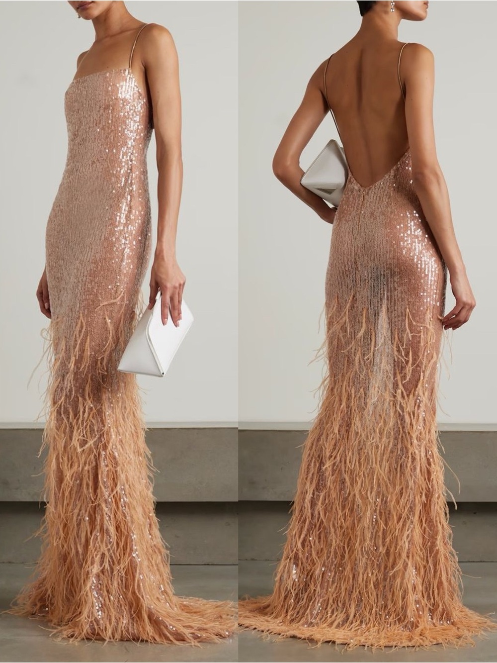 Retrofete Odessa Sequin Ostrich Feather Trimmed Sheer Gown Maxi Dress Tannin - Picture 16 of 16